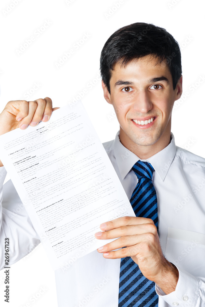 Happy businessman showing document or contract, isolated Happy businessman showing document or contract, isolated