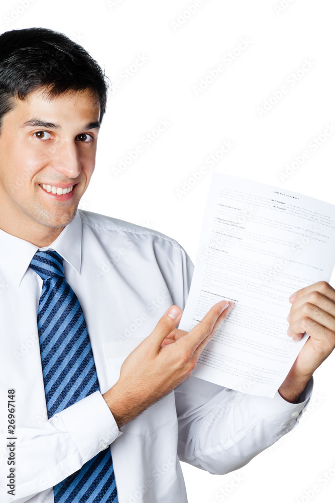 Happy businessman showing document or contract, isolated Happy businessman showing document or contract, isolated