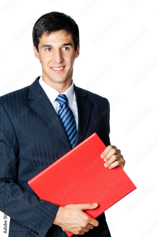 Smiling businessman with red folder, isolated on white Smiling businessman with red folder, isolated on white