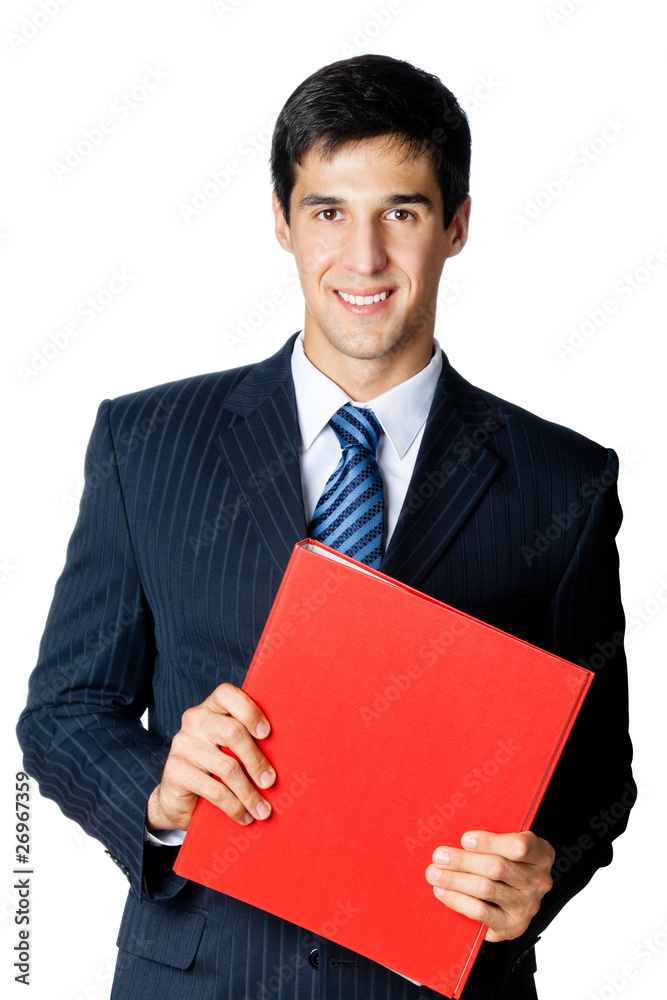 Smiling businessman with red folder, isolated on white Smiling businessman with red folder, isolated on white