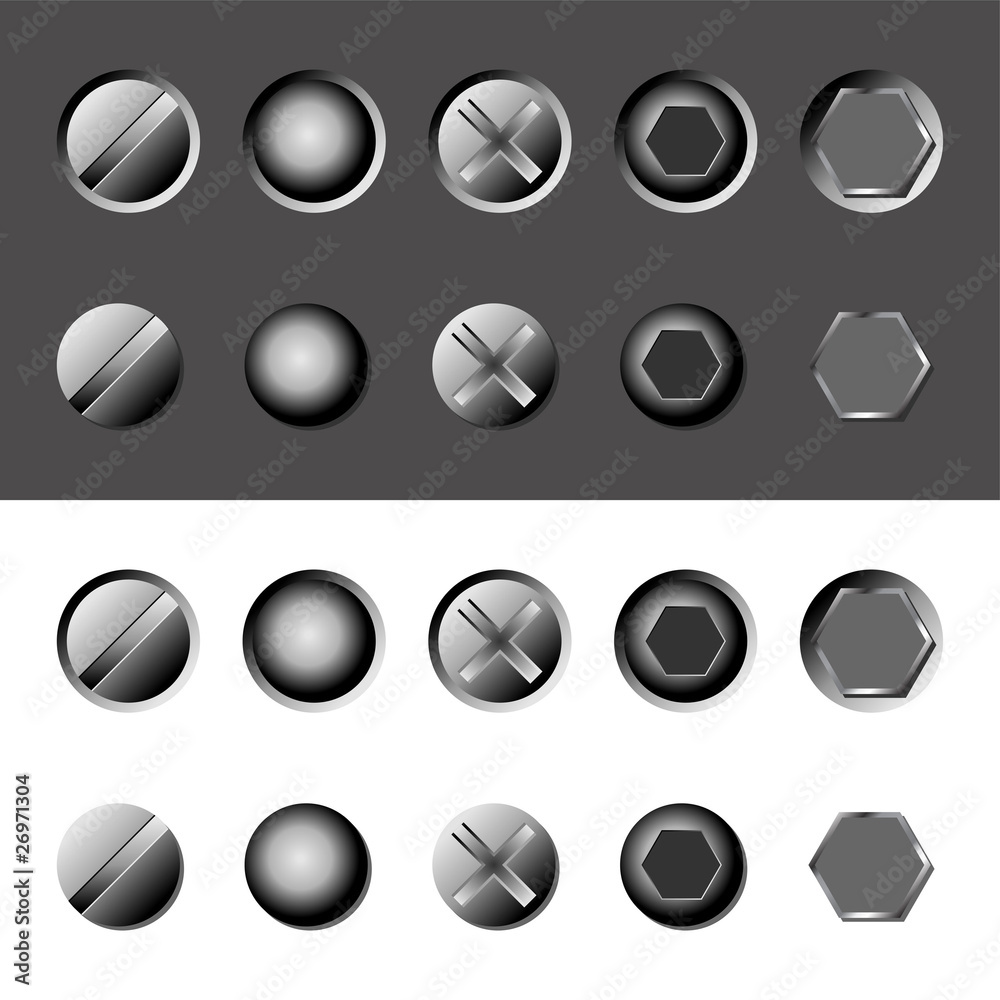Bolts and screws heads over gray and white background Bolts and screws heads over gray and white background