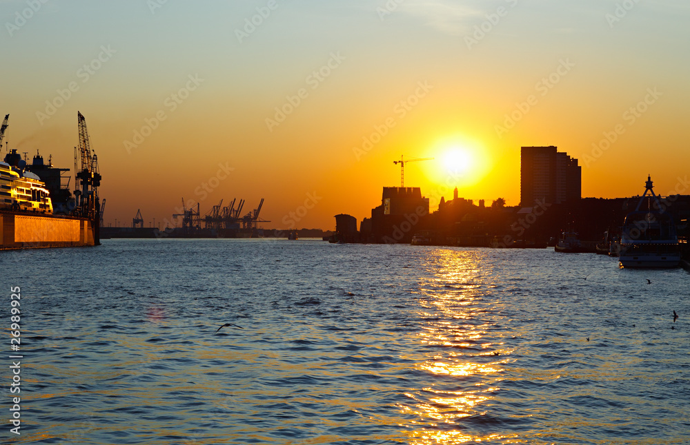 Sunset in port of Hamburg, Germany Sunset in port of Hamburg, Germany