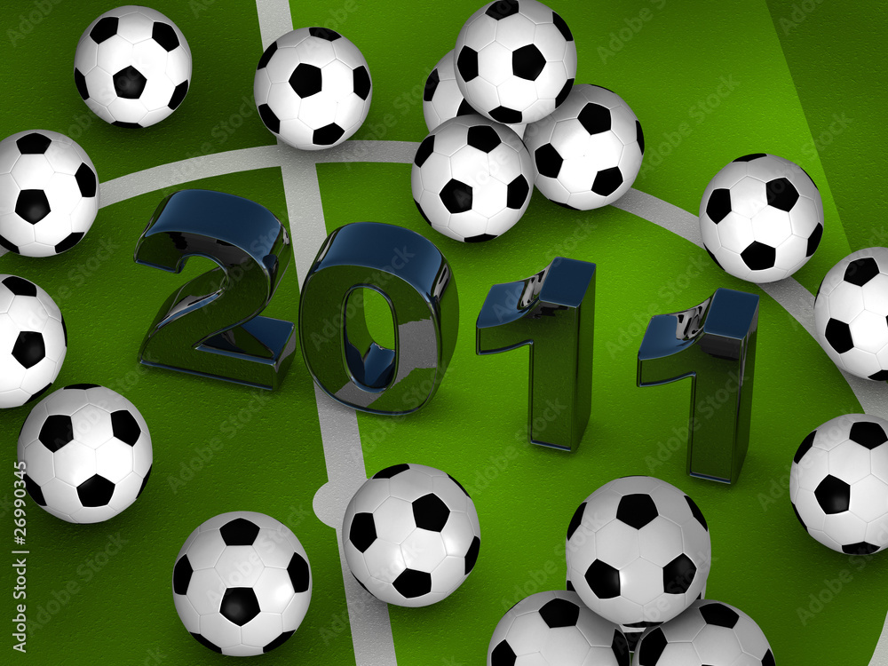 Many soccerballs with 2011 in center on a green playground Many soccerballs with 2011 in center on a green playground