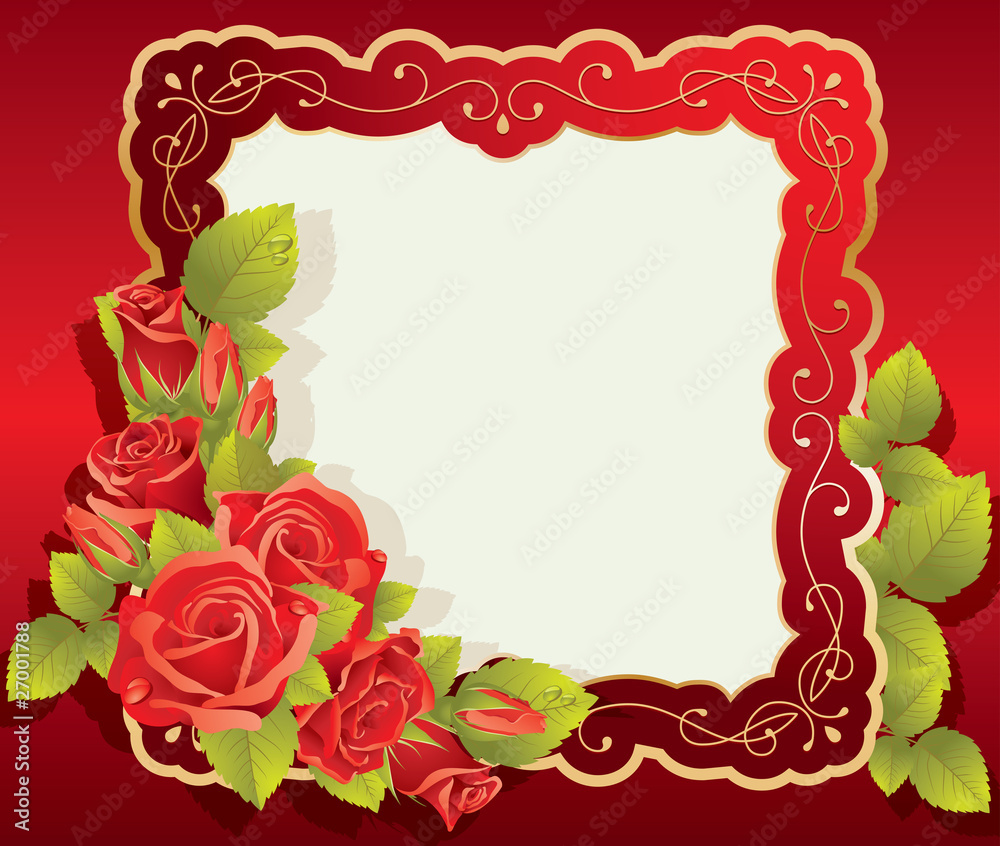 Greeting card with rose and swirls frame