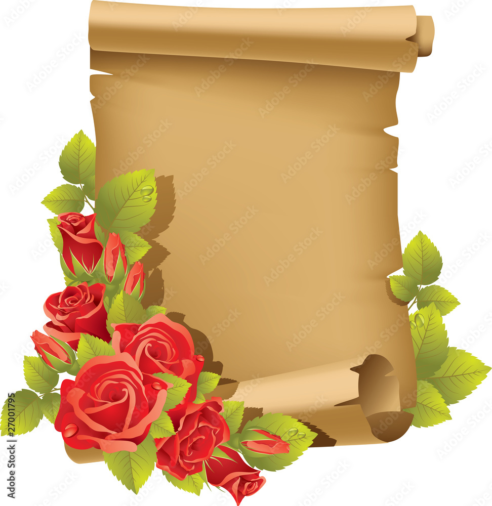 Greeting card with rose and scroll - vertical