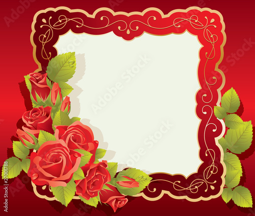 Greeting card with rose and swirls frame