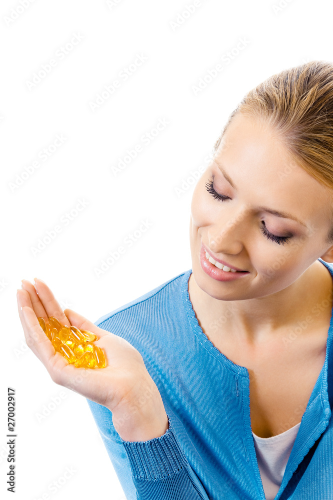 Woman with Omega 3 fish oil capsule, isolated on white Woman with Omega 3 fish oil capsule, isolated on white