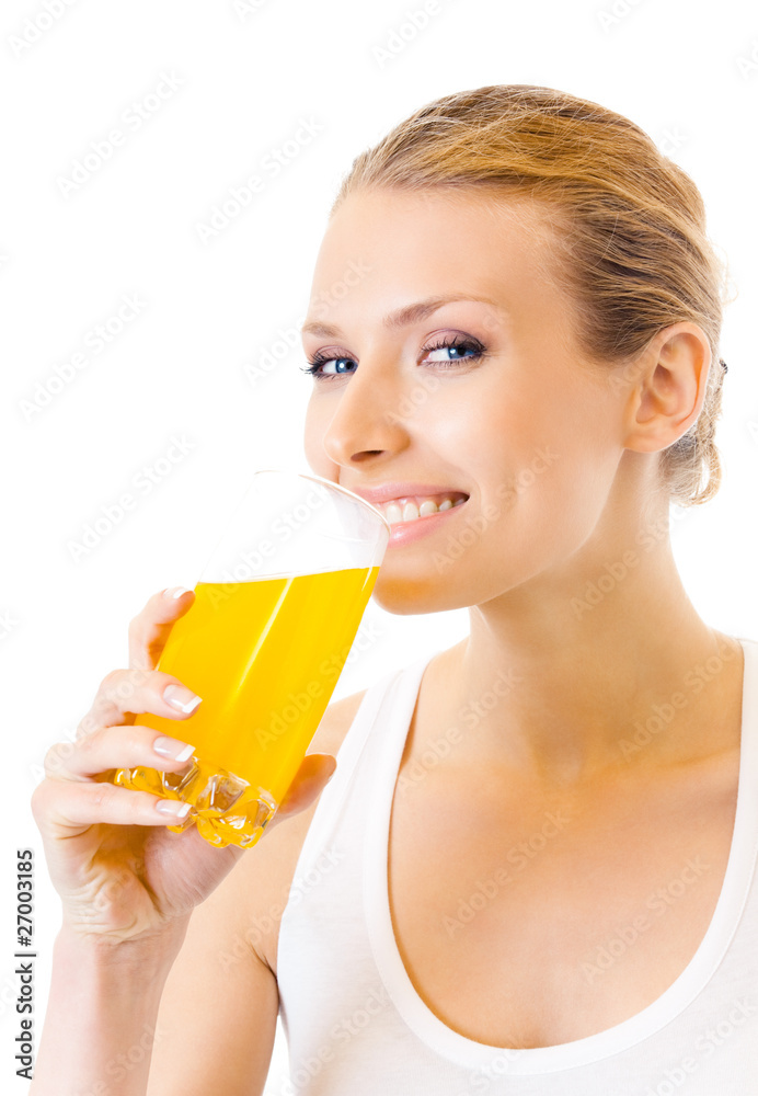 Woman in sportswear drinking juice, isolated on white Woman in sportswear drinking juice, isolated on white