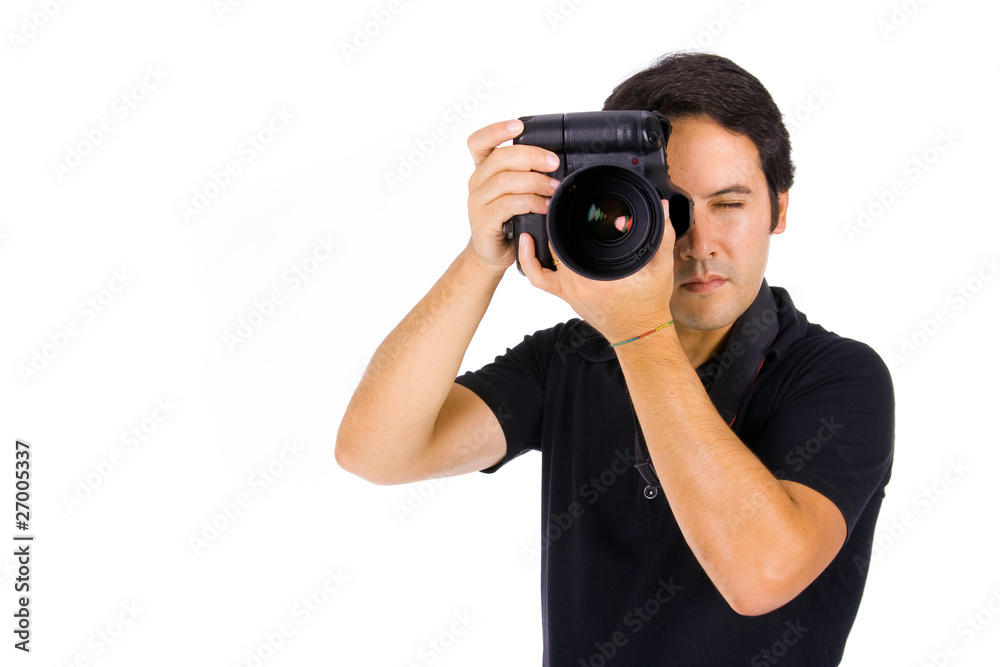 Young male photograher at studio, isolated on white Young male photograher at studio, isolated on white