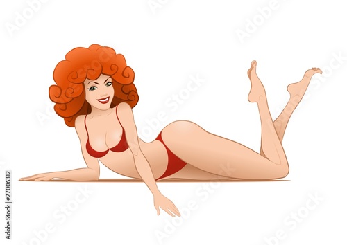 Beautiful sexy young woman in bikini lying on white background