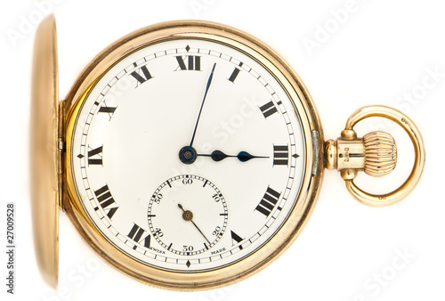 golden pocket watch on white background
