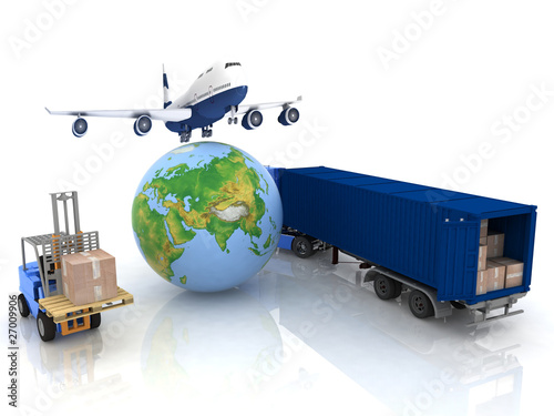 airliner with a globe and autoloader with boxes photo