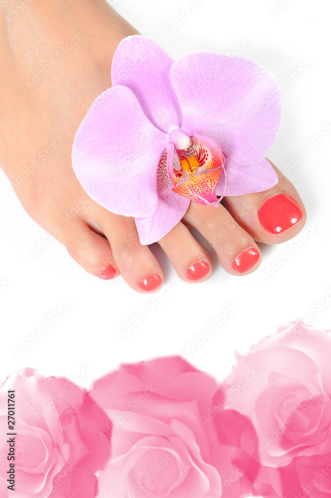 Beautiful feet leg with perfect spa pedicure on bright pink nail Beautiful feet leg with perfect spa pedicure on bright pink nail