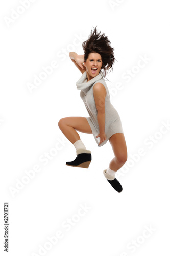 Dynamic beautiful wild winter woman jumping and screaming. isola