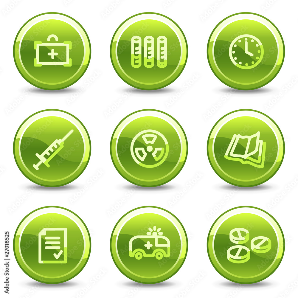 Medicine icons set 1, green circle glossy buttons