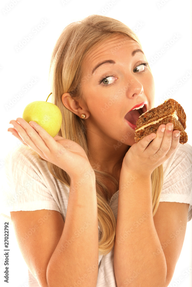 Young Woman Holding Apple and Carrot Cake. Model Released Young Woman Holding Apple and Carrot Cake. Model Released