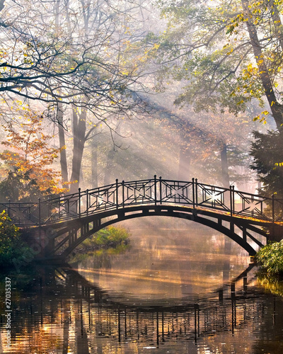 Old bridge in autumn misty park