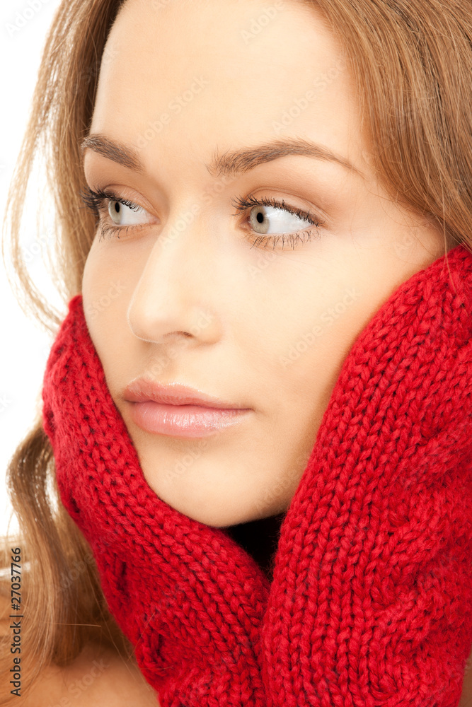 beautiful woman in red mittens beautiful woman in red mittens