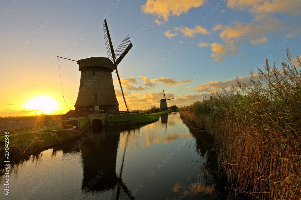 Traditonal windmill in the Netherlands at twilight