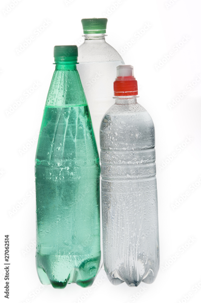 Group of mineral  soda water bottles