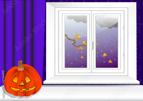interior with halloween pumpkin. vector 10eps.