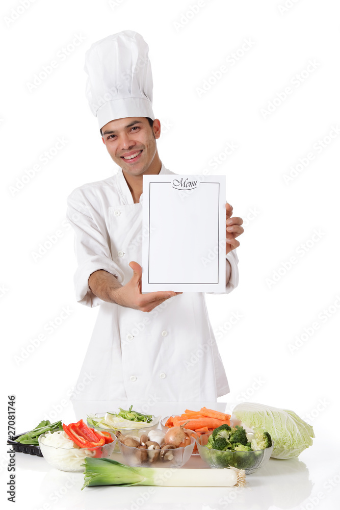 Young nepalese man chef, menu, fresh vegetables Young nepalese man chef, menu, fresh vegetables