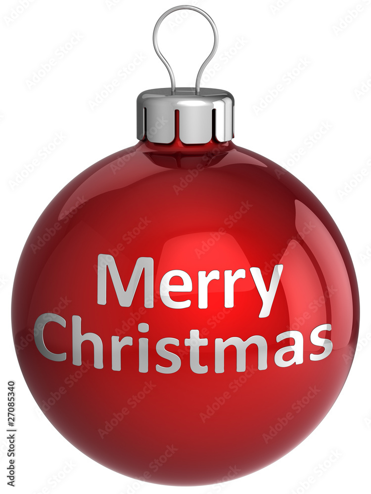 Obraz premium Merry Christmas silver text on red shiny xmas ball (Hi-Res)