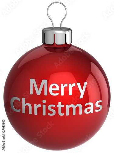 Merry Christmas silver text on red shiny xmas ball (Hi-Res)
