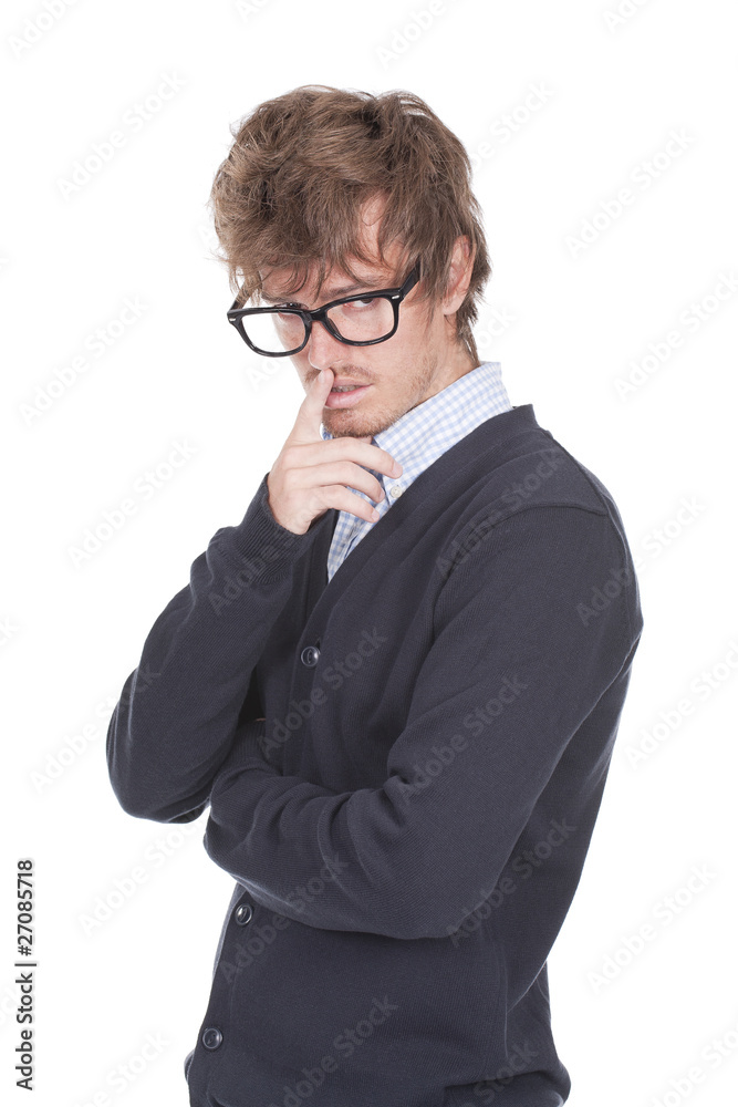 man with glasses and finger over the mouth man with glasses and finger over the mouth