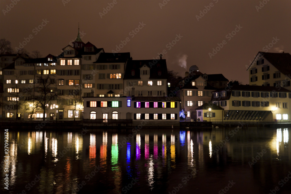 City lights by the river in Zurich, Switzerland