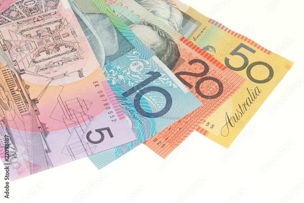 Australian banknotes on plain white background Australian banknotes on plain white background