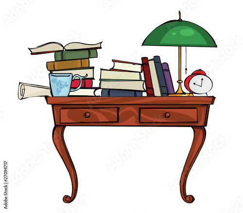 Retro desk with a pile of books