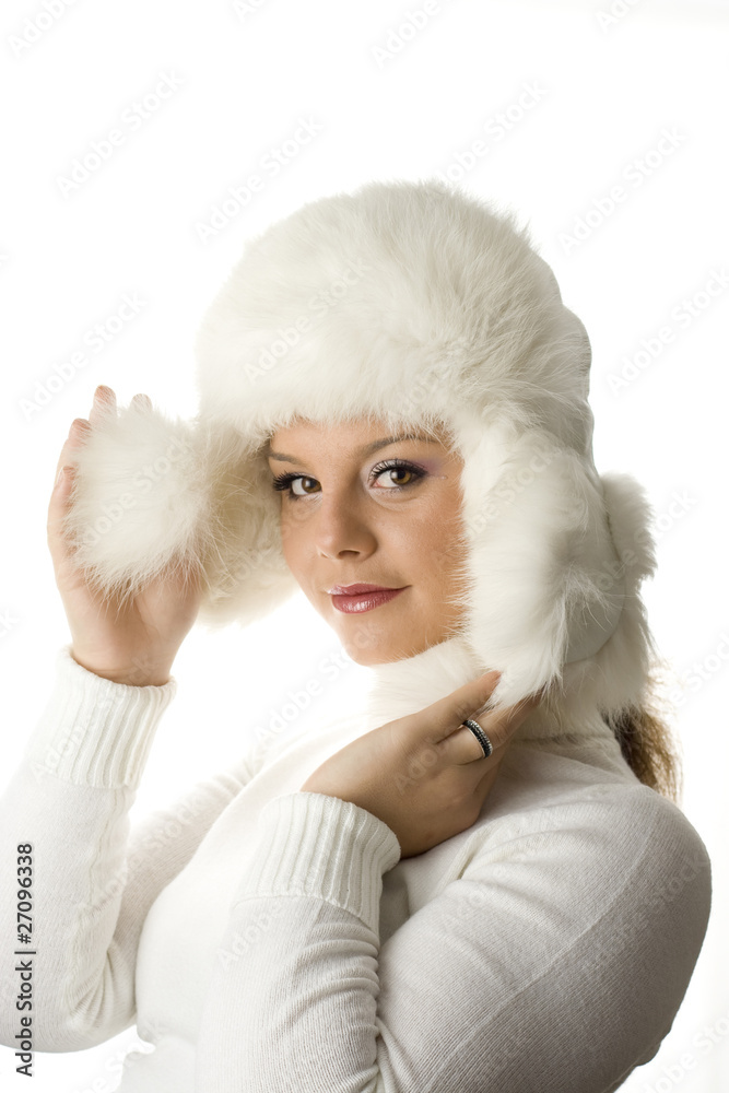 young women wearing a winter fur hat