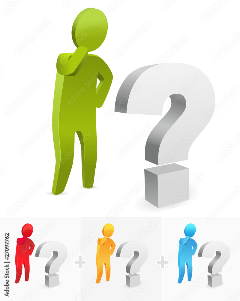 3D stick figure thinking and standing next to question mark 3D stick figure thinking and standing next to question mark