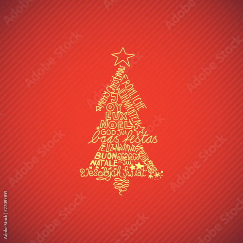 Christmas tree, different languages, red background