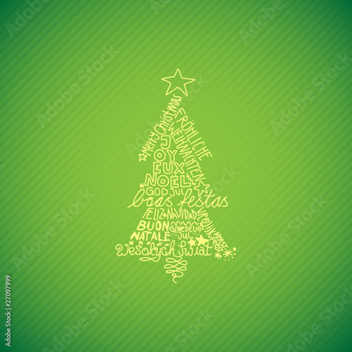 Christmas tree, different languages, green background