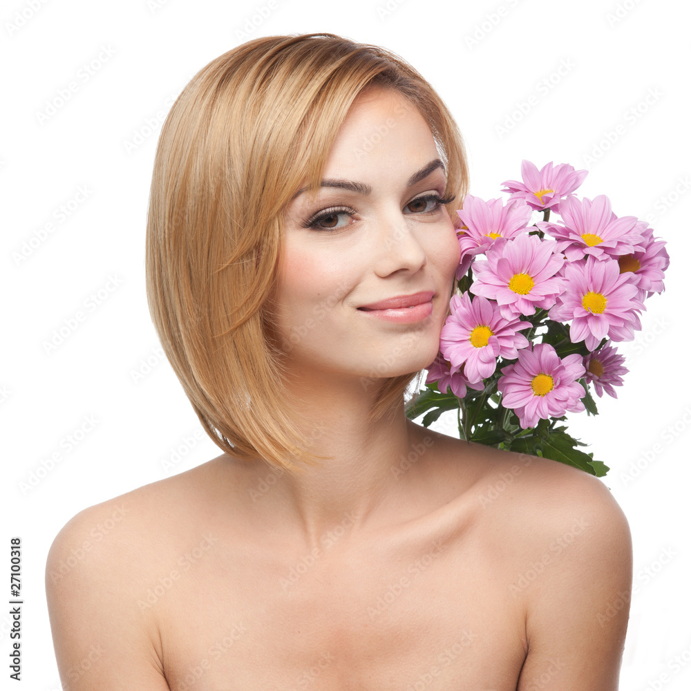 portrait of a young woman with flowers next to her face portrait of a young woman with flowers next to her face