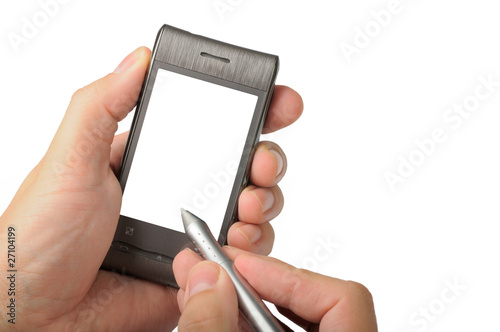 Hands with mobile phone isolated on white background