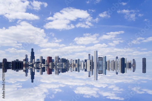 Chicago skyline reflection.