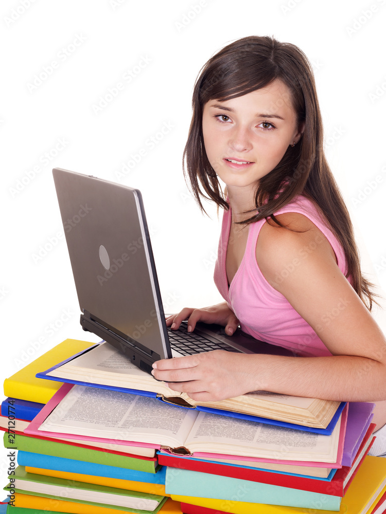 Girl with pile colored book and laptop. Isolated. Girl with pile colored book and laptop. Isolated.