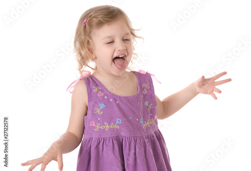 fretful little girl screaming and standing on white background
