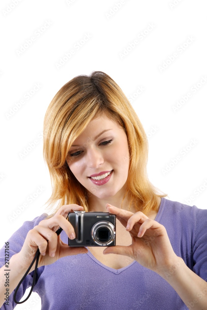 young woman with a camera (white background - focus on face) young woman with a camera (white background - focus on face)
