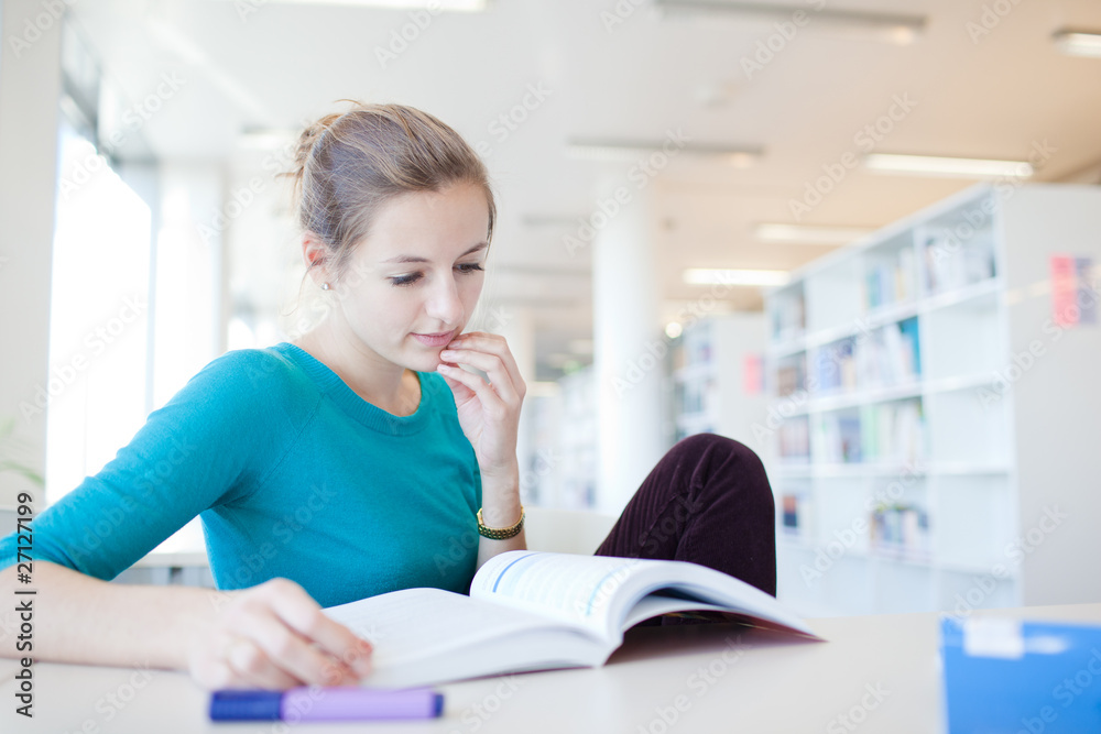 pretty young college student in a library (shallow DOF; color to pretty young college student in a library (shallow DOF; color to