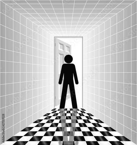 Man silhouetted in open doorway at end of corridor