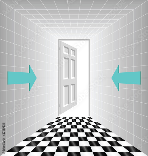 Corridor leading to an open door with arrow signs