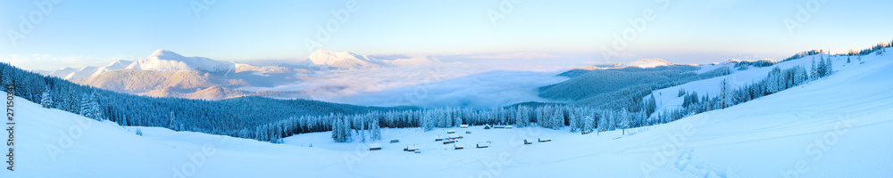 Fototapeta premium Winter morning mountain panorama landscape.