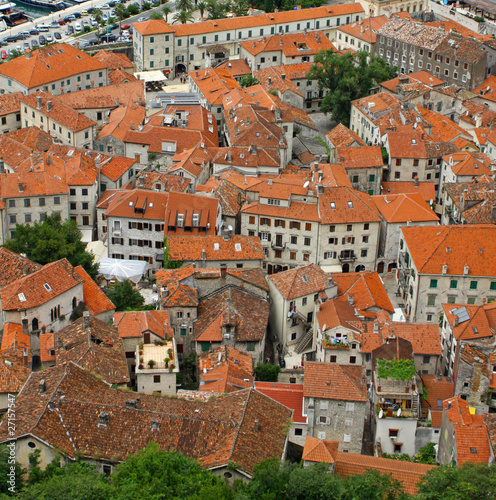 Bird eye view of buildings in Kotor old town, Montenegro