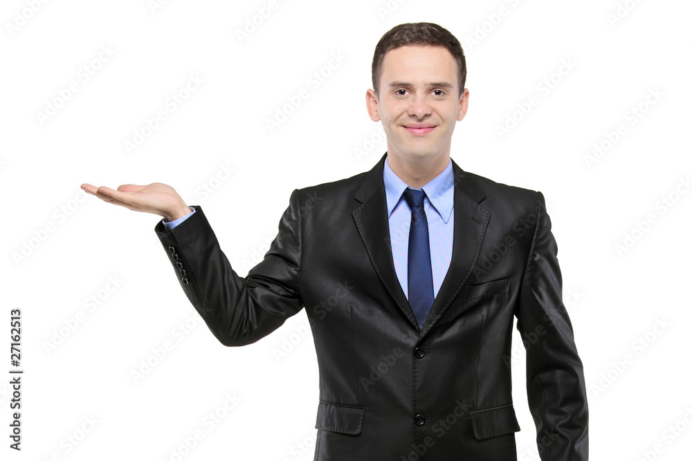 Portrait of a man in a suit with right hand lifted Portrait of a man in a suit with right hand lifted