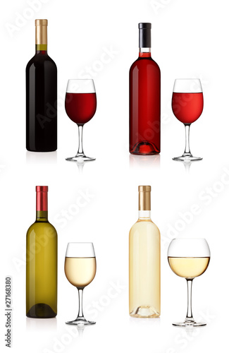 Set of white, rose, and red wine bottles and glas.