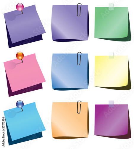 vector paper notes with push pin and paperclip